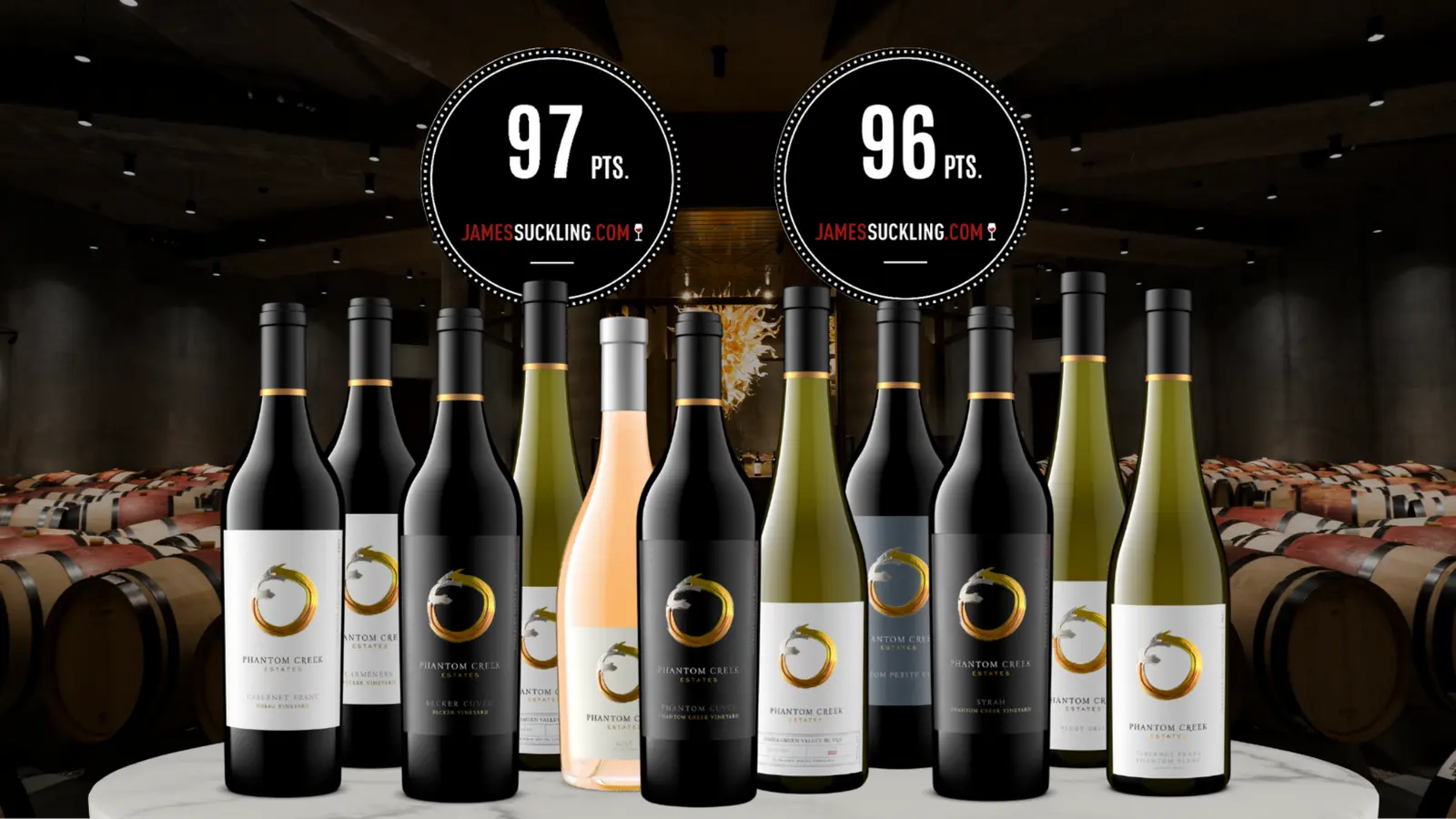 Phantom Creek Estates — eleven wines rated 91 points or higher in James Suckling's 2026 Okanagan Valley report, led by 97 and 96 points